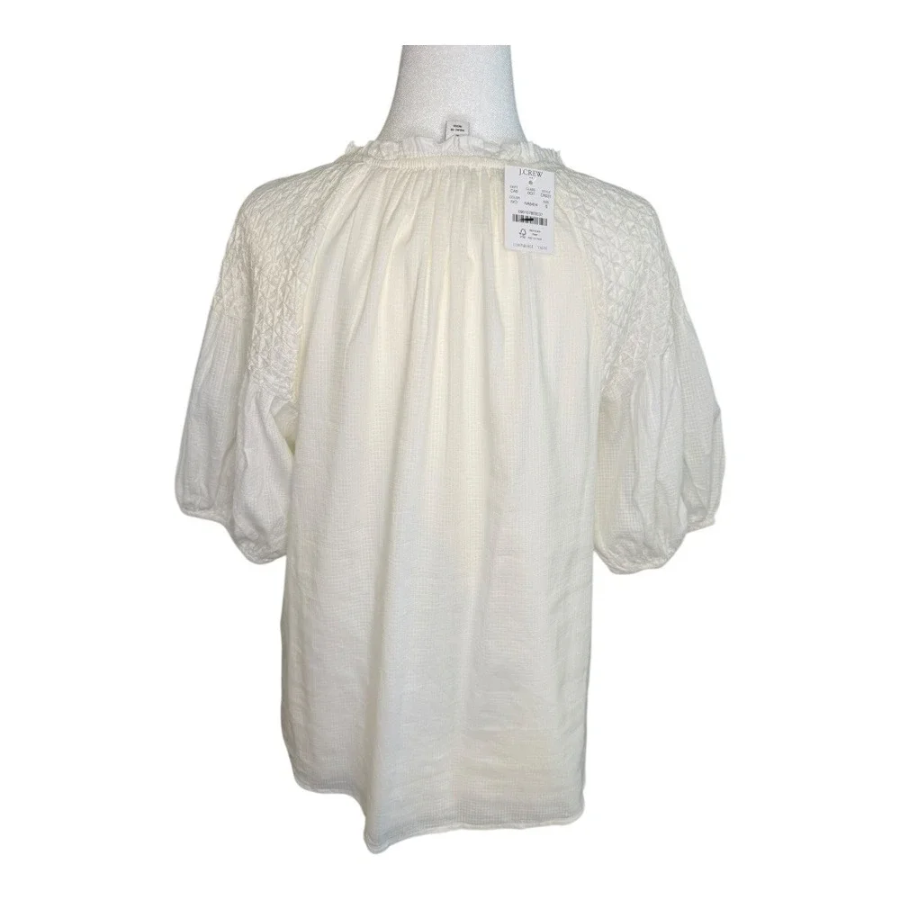 J Crew Ivory Smocked Puff-sleeve Split-neck Top Women's Size‎ Small NWT